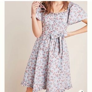Anthropologie Blue and Pink Floral Midi Dress